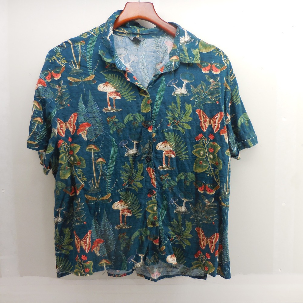 Eddie Bauer Womens Large Mushroom Butterfly Fern Nature Print Button Camp Shirt